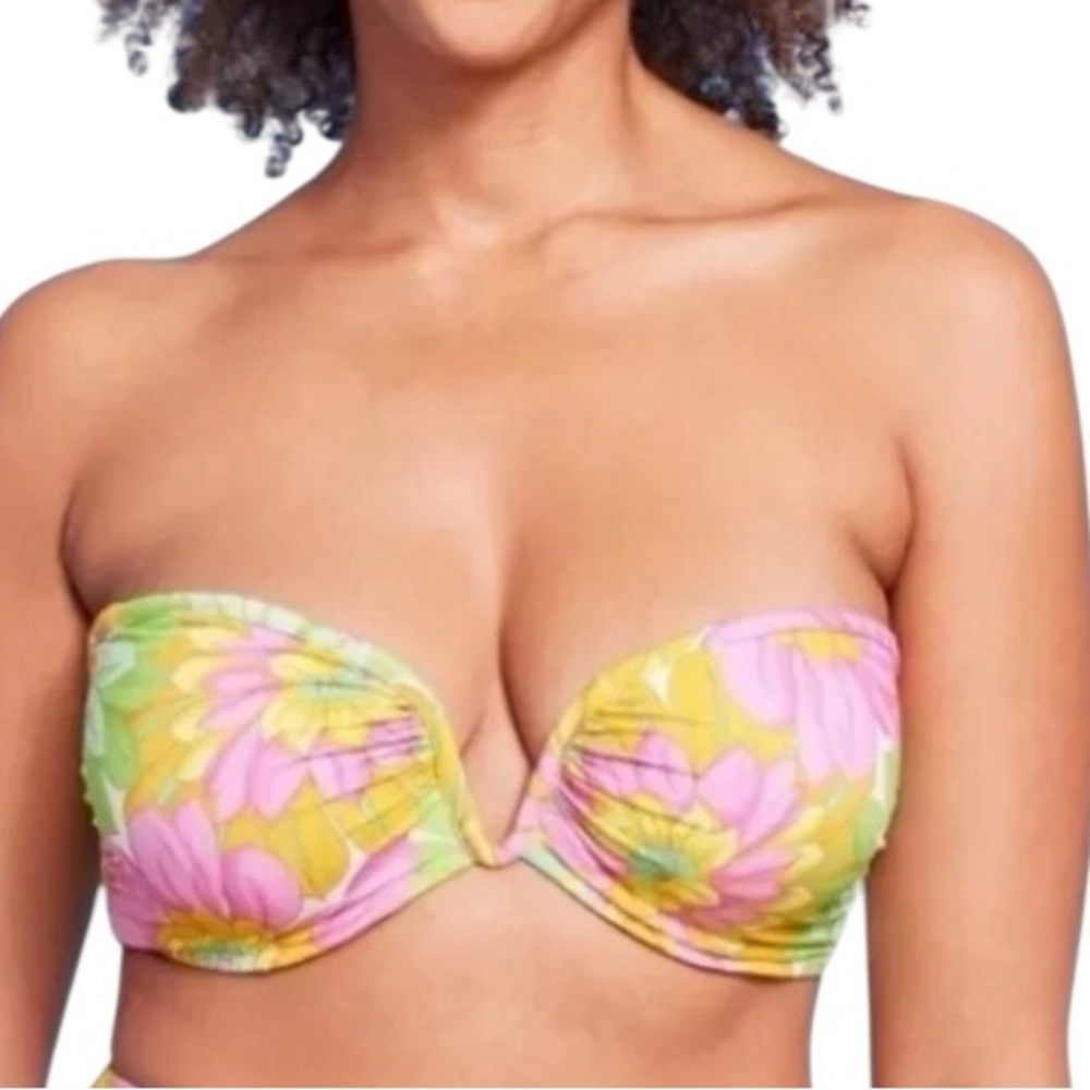 SHADE & SHORE womens floral underwire strapless bikini top w V front size XL NWT